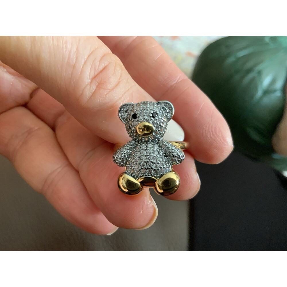 Teddy Bear Gold Ring Sz 6 Silver Pave Boho Retro Whimsical Statement - Picture 5 of 9